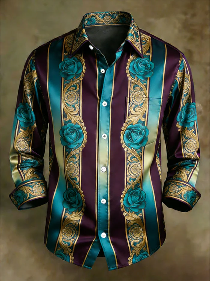 Self-designed business casual shirt Men's Satin Luxe Floral Print Long Sleeve Button-Down Shirt