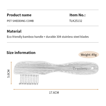 Truelove Eco-friendly Pet Shedding Comb Hair Removal Dog Grooming Brushes with Gentle Bamboo Handle for Cleaning Stainless Steel (TLK25132)