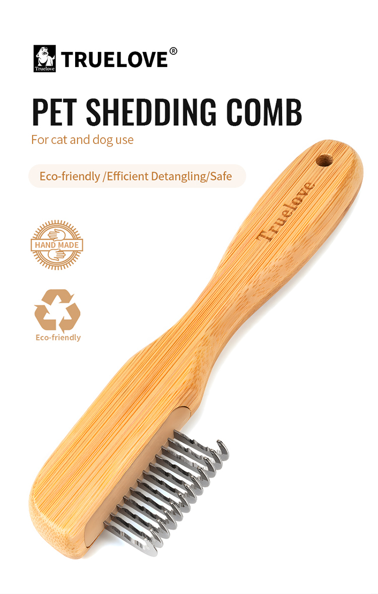 Truelove Eco-friendly Pet Shedding Comb Hair Removal Dog Grooming Brushes with Gentle Bamboo Handle for Cleaning Stainless Steel (TLK25132)