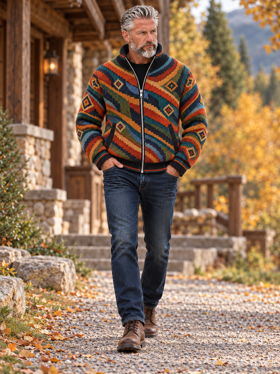 Men's patterned zip cardigan styled with denim