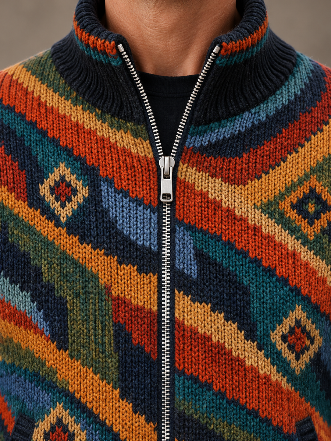 Close-up of the cardigan's colorful knit, front zipper and ribbed trim