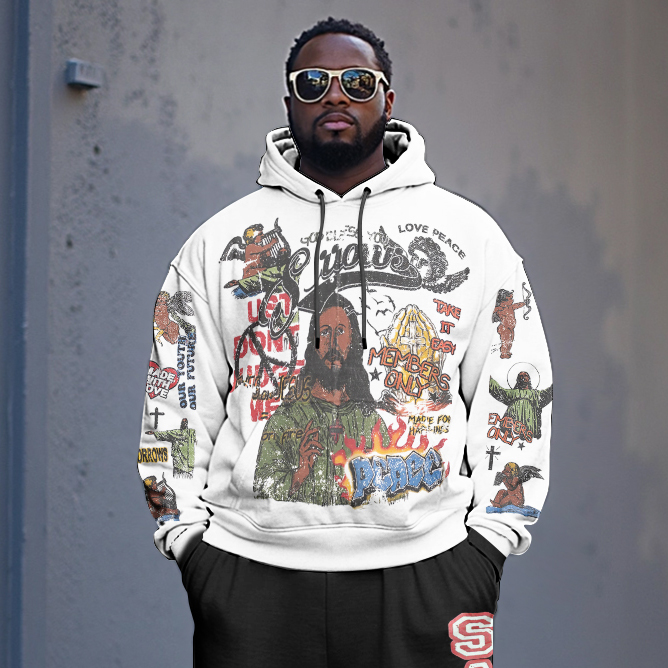 L9XL Men's Plus Size Hip Hop Saint Graphic Casual Street Hoodie