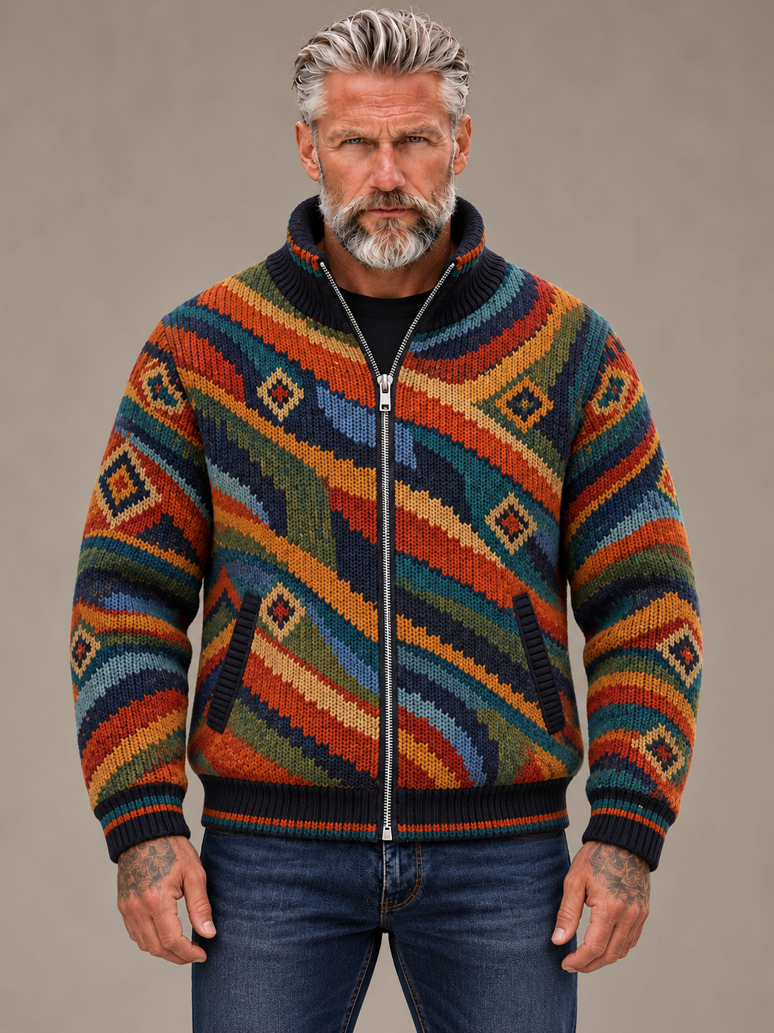 Men's multicolored stand-collar zip cardigan, front view