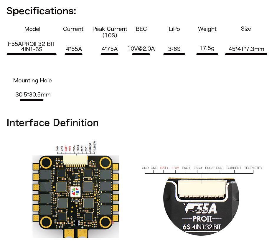 TMOTOR F55A Pro II 55A 3-6s BLHeli32 4-in-1 ESC w/ BEC