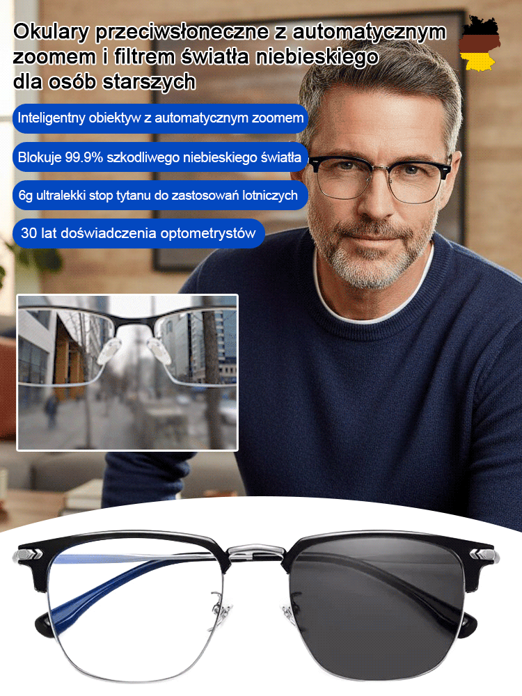 【Inteligentne okulary do czytania z dynamicznym zoomem】✨ Oprawki z ultra lekkiego tytanu, 🌈 automatyczna adaptacja koloru i polaryzacji.