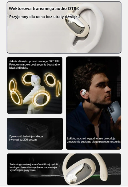 🎼 【Obrotowy dźwięk przestrzenny o 180°】 Słuchawki OWS Bluetooth🎧 zapewniają wrażenia dźwiękowe jak na koncercie!