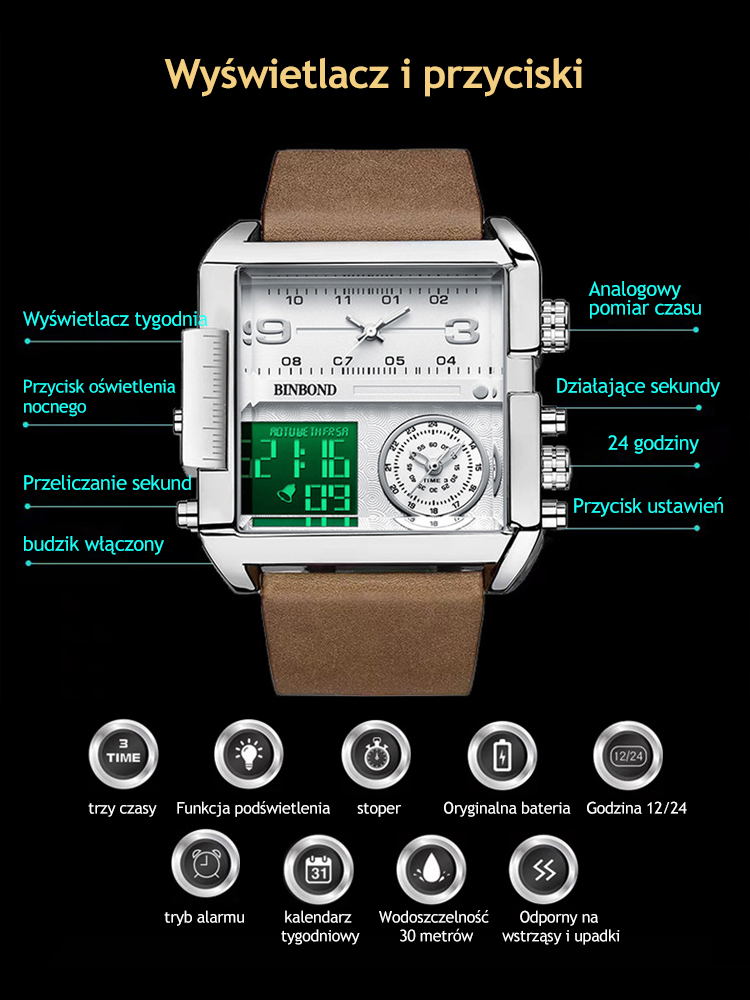 ⌚️Wielofunkcyjny kwadratowy zegarek kwarcowy z dużą tarczą💥 jest teraz w wyprzedaży na koniec roku, skorzystaj z rabatu o połowę