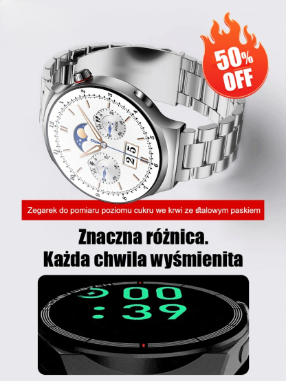 Zegarek do pomiaru poziomu cukru we krwi ze stalowym paskiem