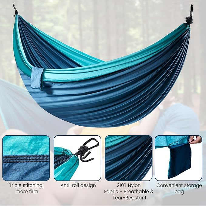 Hamak XXL dla 2 osób, 300 x 200 cm – składany, ultralekki i przenośny – hamak outdoorowy o nośności 300 kg – idealny do ogrodu, na kemping, w podróży (morski niebieski)