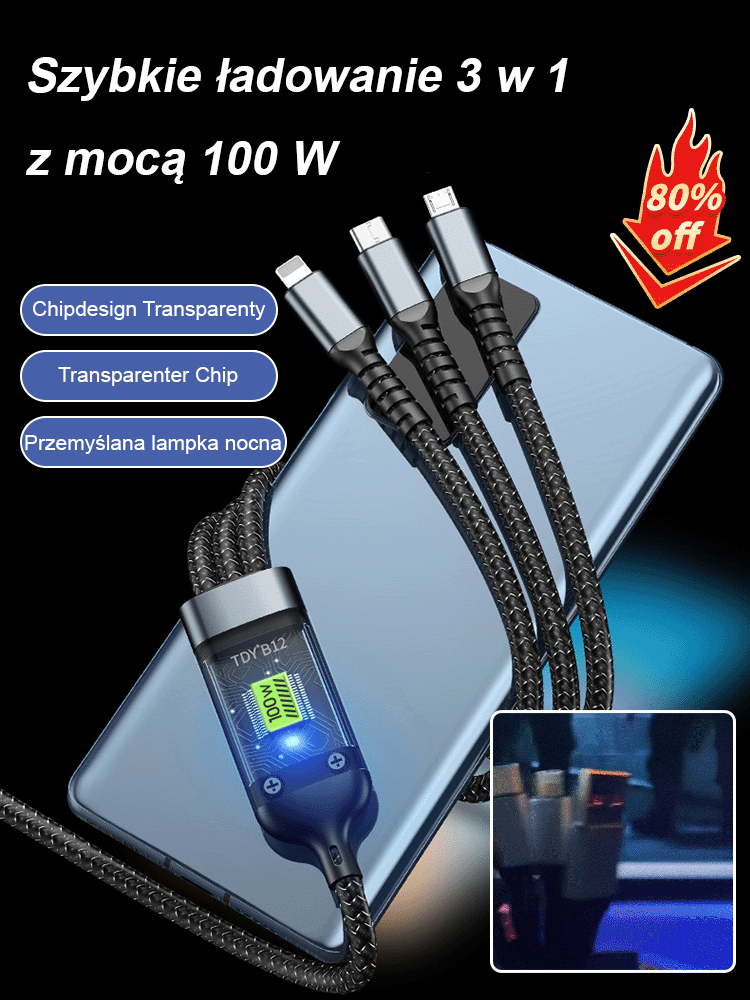 100W USB/Type-C/Lightning 3-w-1 kabel ładujący