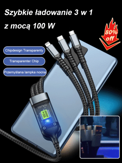 100W USB/Type-C/Lightning 3-w-1 kabel ładujący