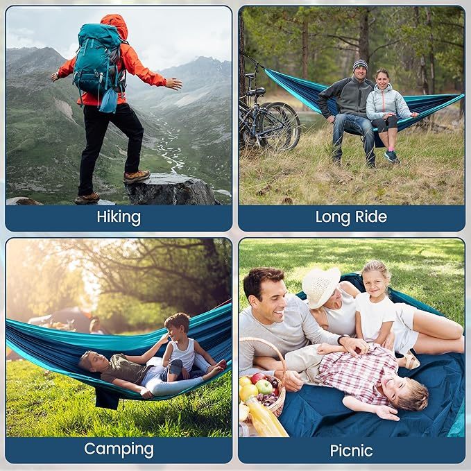 Hamak XXL dla 2 osób, 300 x 200 cm – składany, ultralekki i przenośny – hamak outdoorowy o nośności 300 kg – idealny do ogrodu, na kemping, w podróży (morski niebieski)