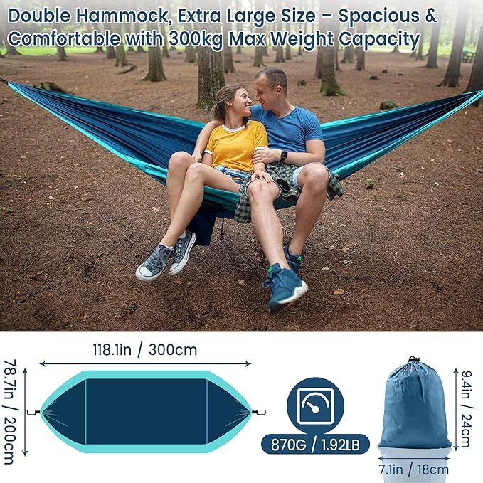 Hamak XXL dla 2 osób, 300 x 200 cm – składany, ultralekki i przenośny – hamak outdoorowy o nośności 300 kg – idealny do ogrodu, na kemping, w podróży (morski niebieski)