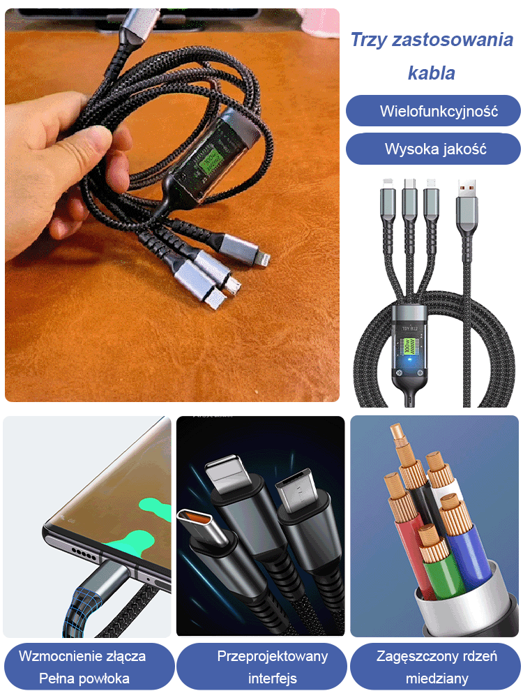 100W USB/Type-C/Lightning 3-w-1 kabel ładujący