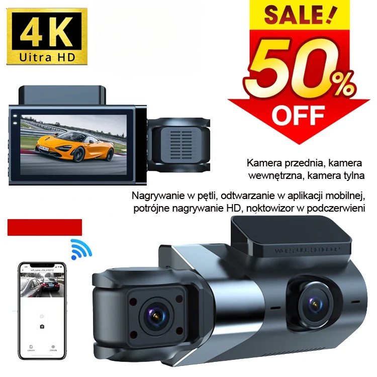 🚗 【Trzy kamery】 Rejestrator jazdy 📽 Wyposażony w Wi-Fi i wysoką rozdzielczość