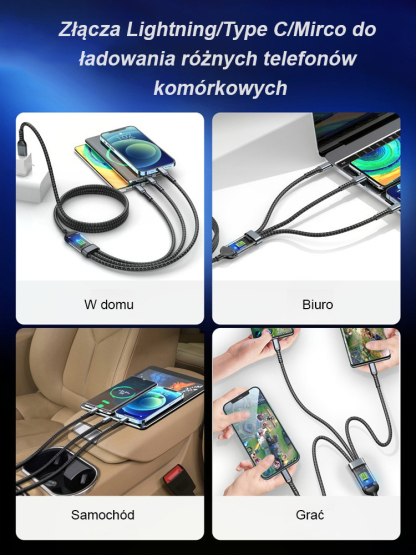 100W USB/Type-C/Lightning 3-w-1 kabel ładujący