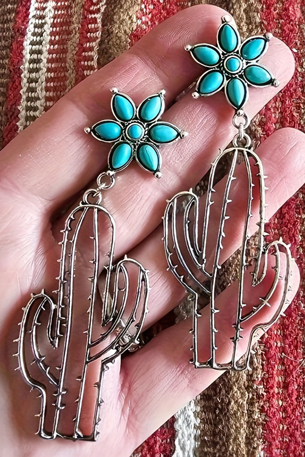 Silvery Western Turquoise Flower Cactus Dangle Earrings