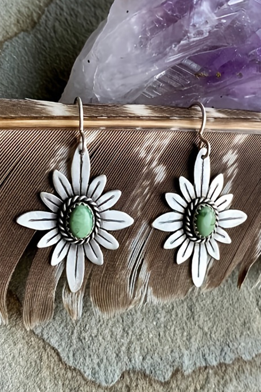 Silvery Western Turquoise Flower Shape Hook Earrings