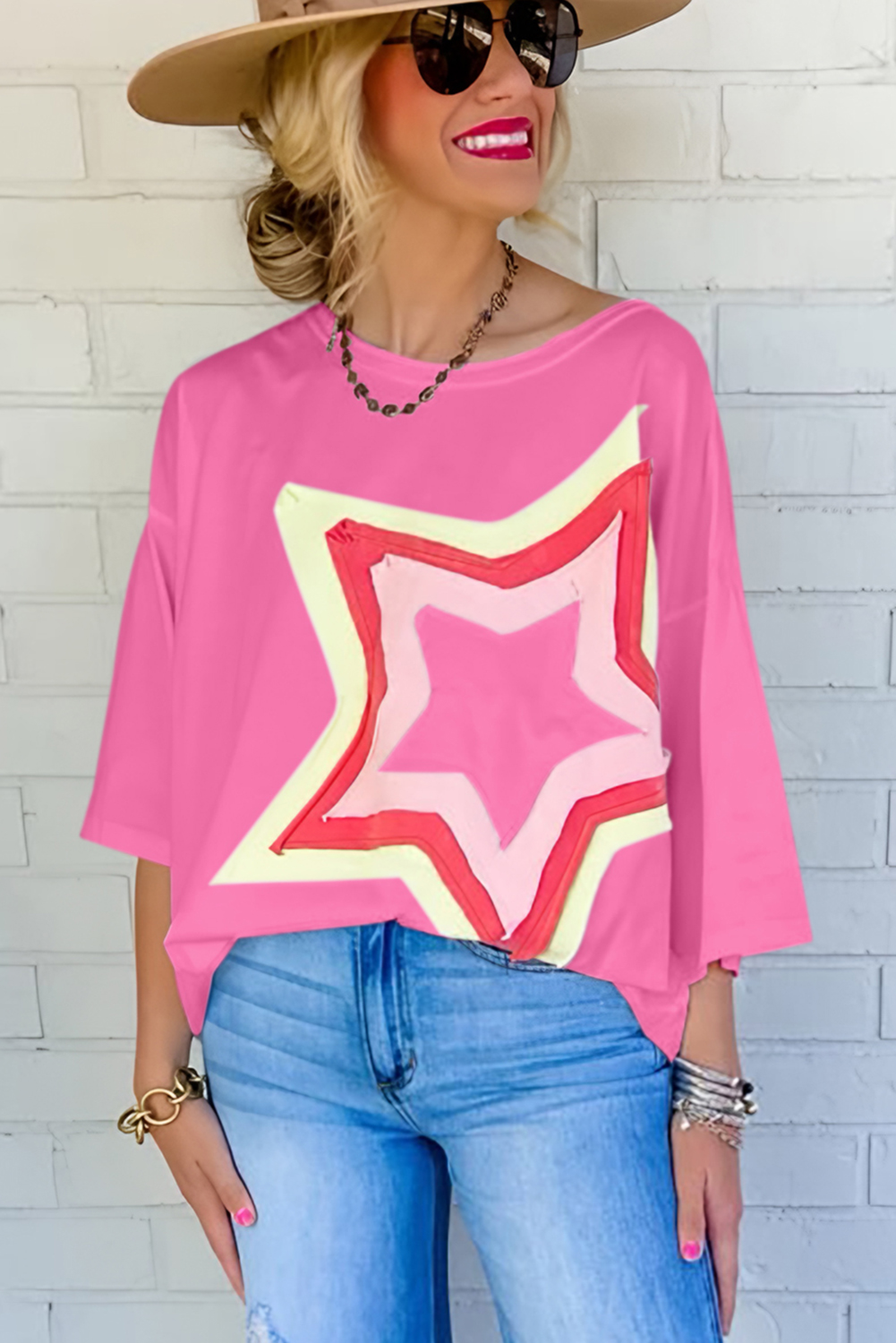 Colorblock Star Patched Half Sleeve Oversized Tee