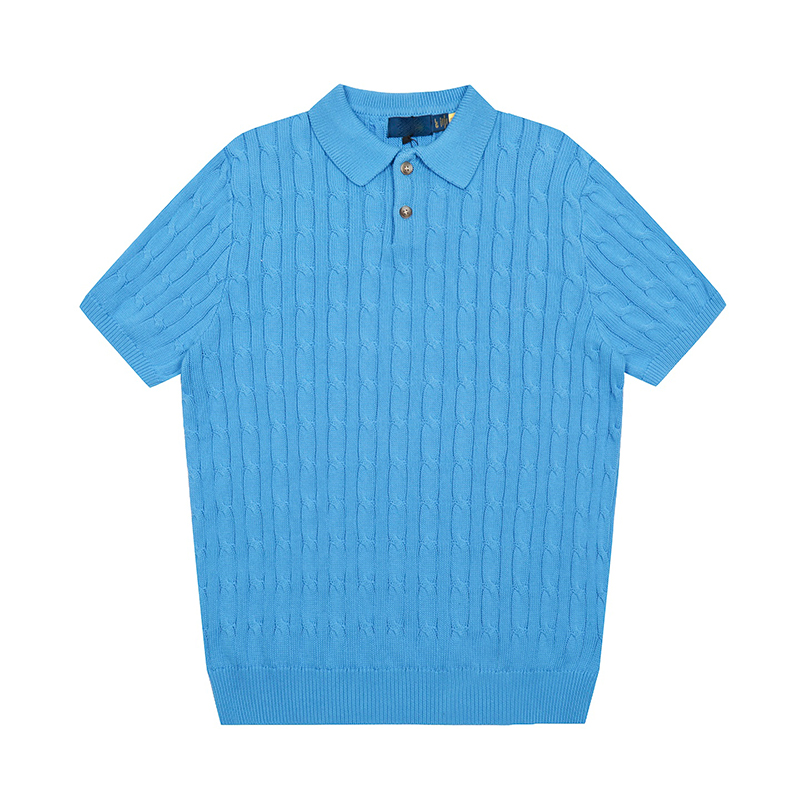 Summer Cable Knit Polo Shirt with Pony Embroidery – Unisex Short Sleeve Knit Tee with Premium Style