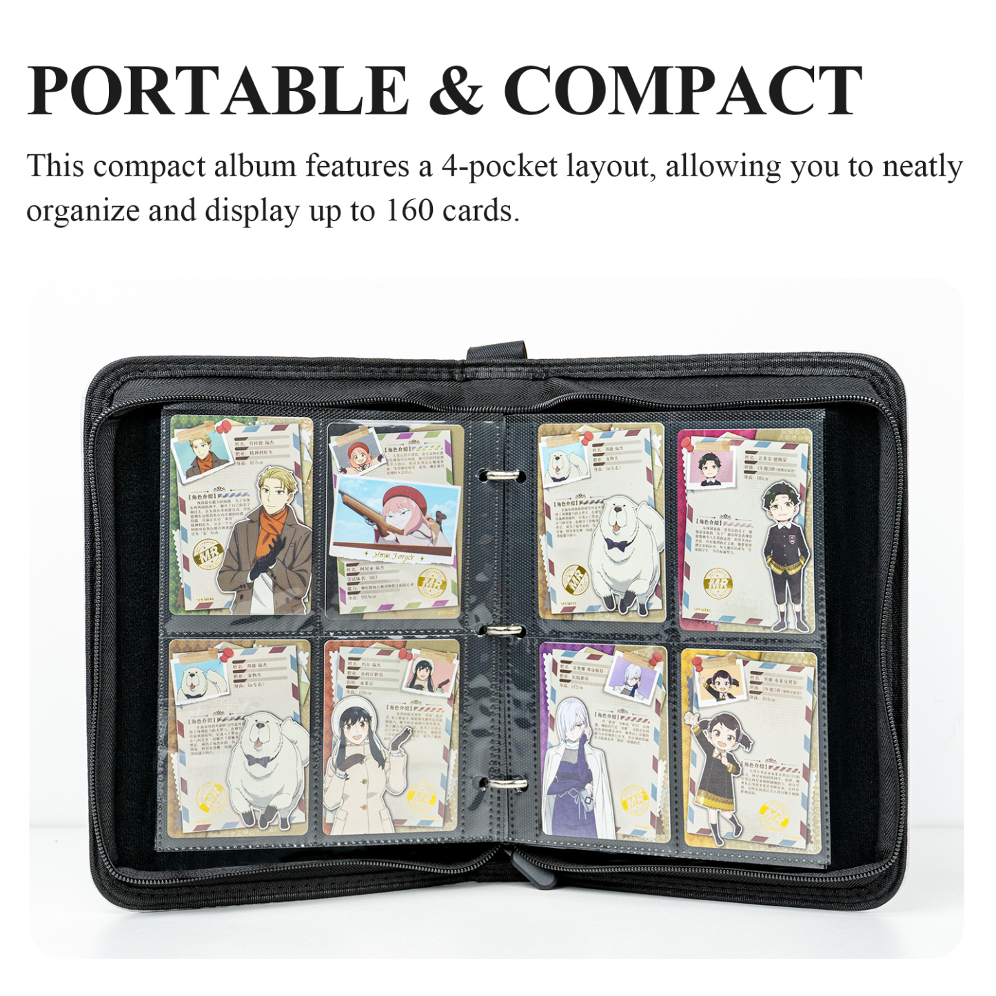 Card Fun 4 Pocket SPY x FAMILY CODE: White Binder, Zipper Binder for Cards Collection, 160 Cards PU Leather Albums with Sleeves