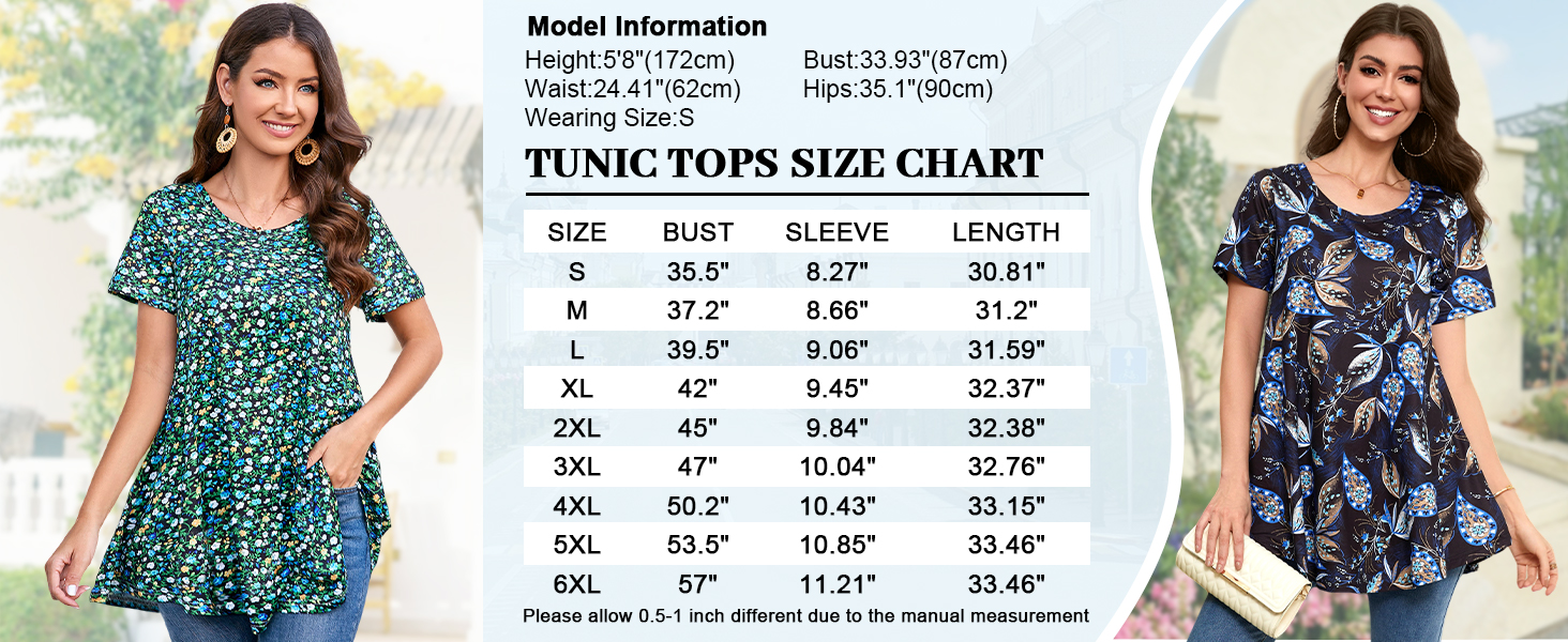 size chart for short sleeve tunic tops