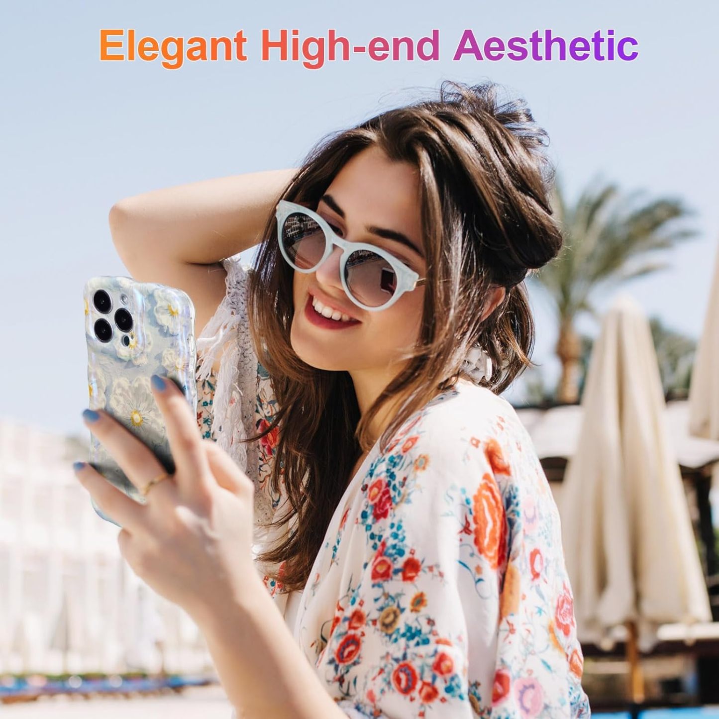 Wellemp Case for iPhone 15 Pro Max, Colorful Retro Oil Painting Printed Flower Laser Glossy Pattern Cute Curly Wave Edge Exquisite Phone Cover Stylish Durable TPU Protective Case for Girls Women