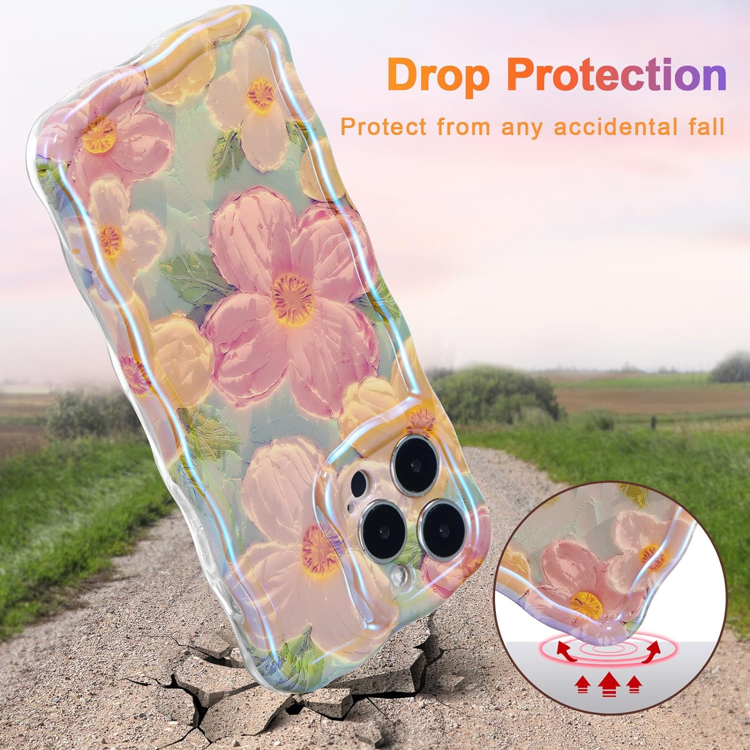 Wellemp Case for iPhone 15 Pro Max, Colorful Retro Oil Painting Printed Flower Laser Glossy Pattern Cute Curly Wave Edge Exquisite Phone Cover Stylish Durable TPU Protective Case for Girls Women