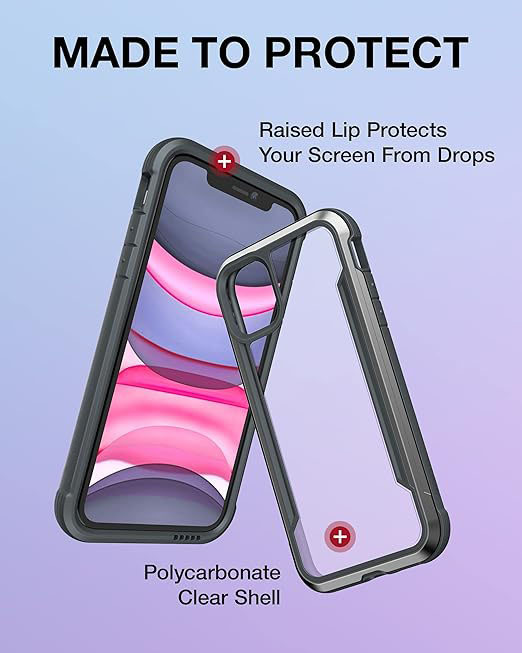 iPhone 11 Case, Shockproof Protective Clear Case, Military 10ft Drop Tested, Durable Aluminum Frame, Anti-Yellowing Technology Case for iPhone 11, Black