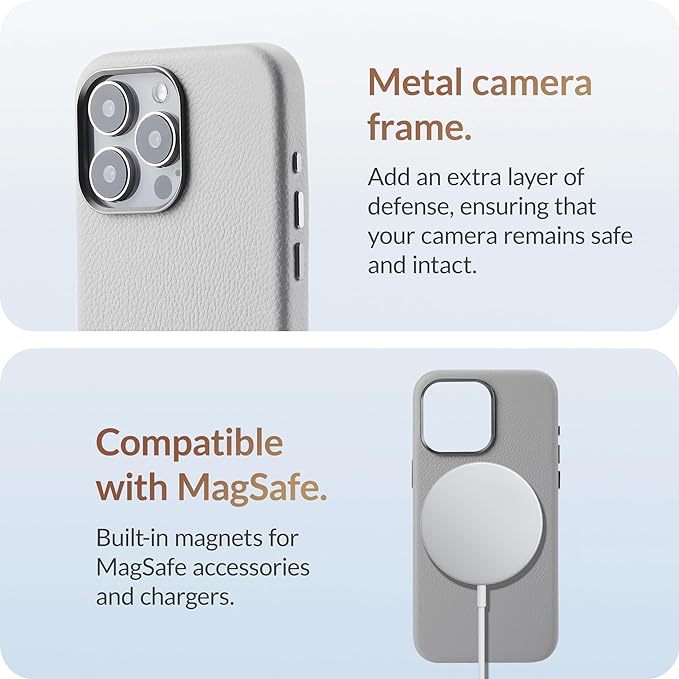 iPhone 15 Pro Max - European Genuine Pebble Leather Phone Case with Aluminium Camera Frame [Compatible with Magsafe] - Silver Gray