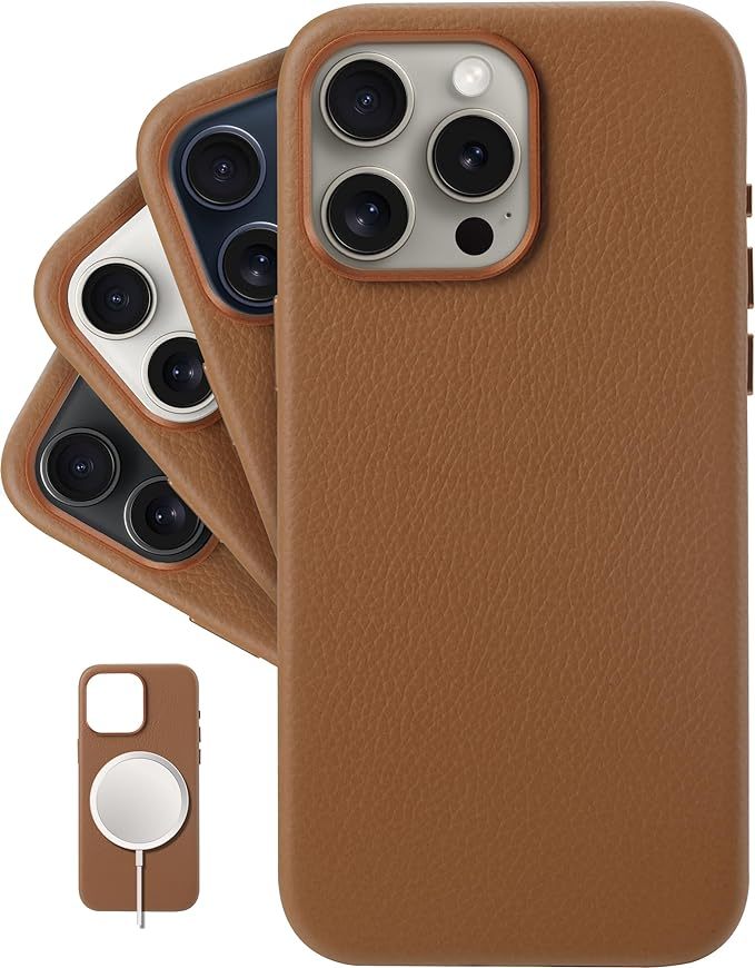 iPhone 15 Pro Max - European Genuine Pebble Leather Phone Case with Aluminium Camera Frame [Compatible with Magsafe] - Silver Gray