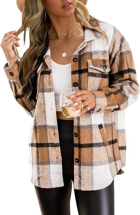 Womens Flannel Plaid Shackets Jackets 2023 Long Sleeve Shirts Tops Fashion Corduroy Winter Clothes With Pockets