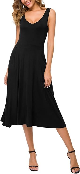 Women's Summer Casual Sleeveless Flared Midi Dress Swing T-Shirt Dresses with Pockets