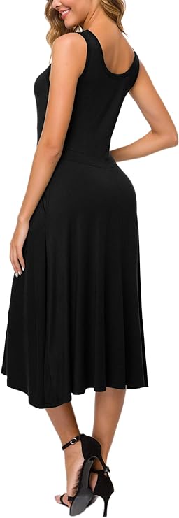 Women's Summer Casual Sleeveless Flared Midi Dress Swing T-Shirt Dresses with Pockets