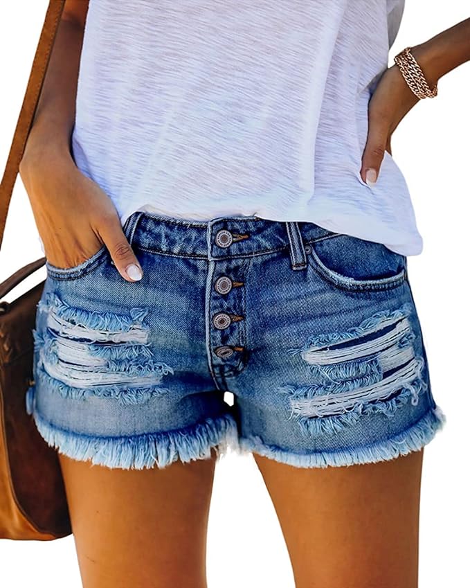 Denim Shorts for Women Mid Rise Ripped Jean Shorts Stretchy Folded Hem Hot Short Jeans