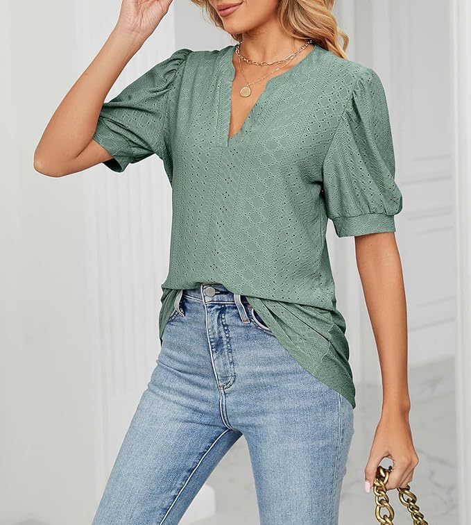 Womens Summer Tops, V Neck Ruffle Sleeve Blouses, Short Sleeve Casual Tops T-Shirts