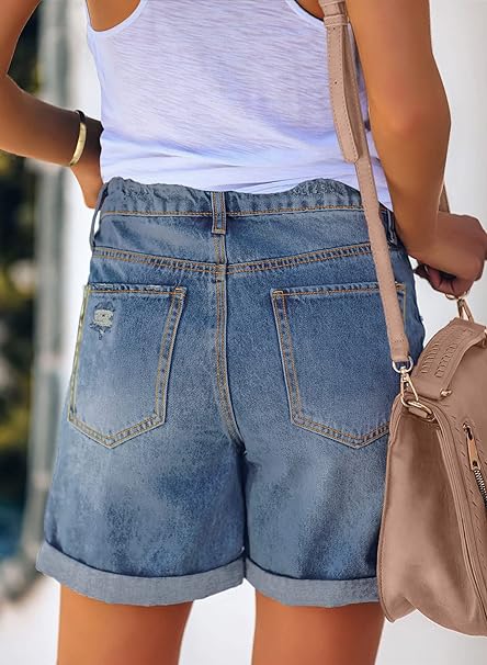 Women's Casual Ripped Denim Shorts High Rise Distressed Rolled Hem Jeans Shorts