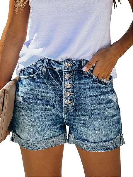 Denim Shorts for Women Mid Rise Ripped Jean Shorts Stretchy Folded Hem Hot Short Jeans