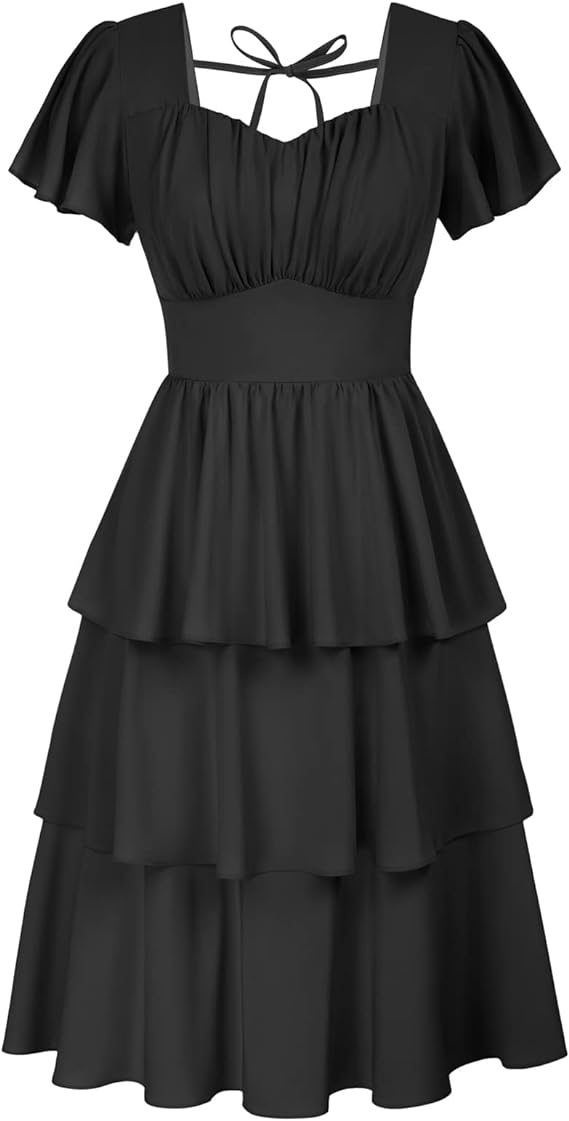 Women's Square Neck Tiered Ruffle Dress 2023 Summer Vintage Short Sleeve Layered A-line Swing Midi Dress