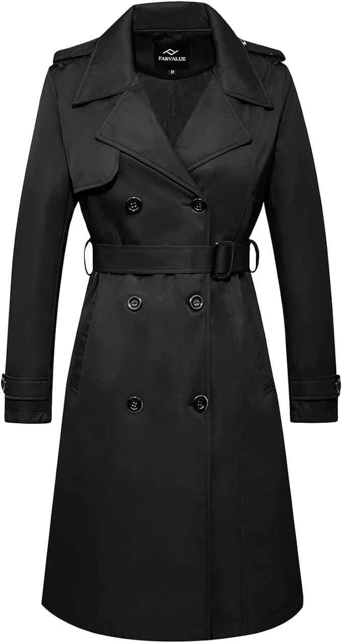Women's Long Trenchcoat Double Breasted Trench Coat Water Resistant Classic Peacoat with Belt