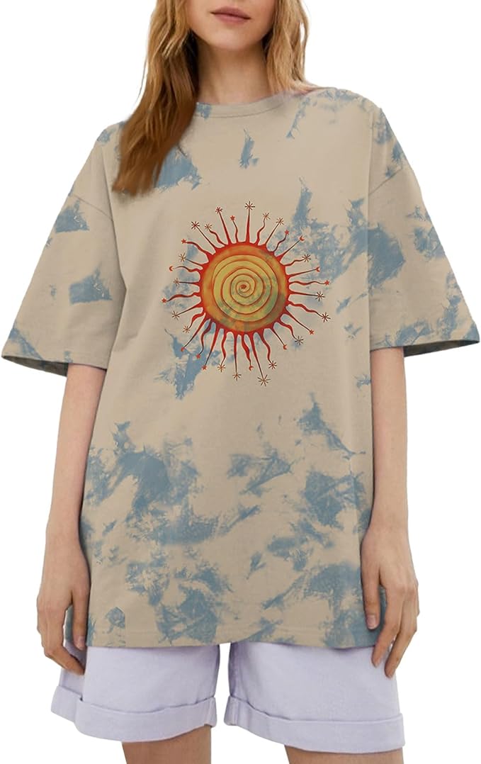 Women's Sun Graphic Print Tie Dye Shirts Oversized Tee Short Sleeve Casual Loose T Shirt