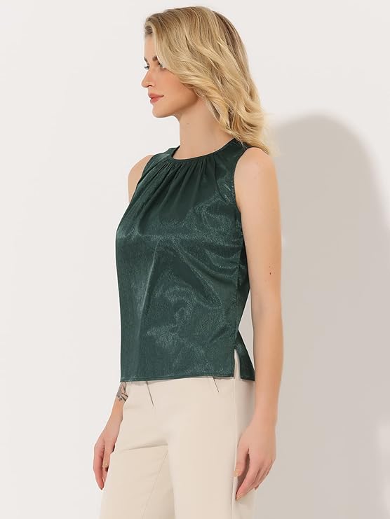 Women's Satin Sleeveless Work Office Pleated Tank Top Blouse