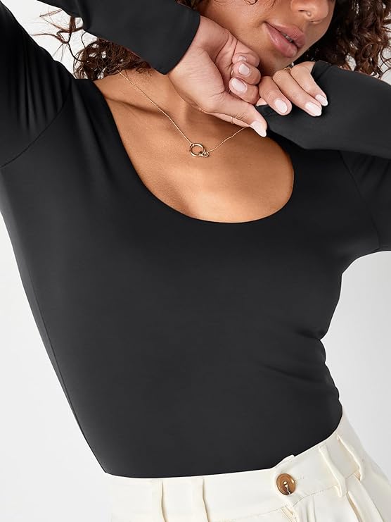 Womens Long Sleeve Shirts Crop Tops Basic Double Layering Tight Slim Fit Y2K T Shirts Winter Clothes 2024