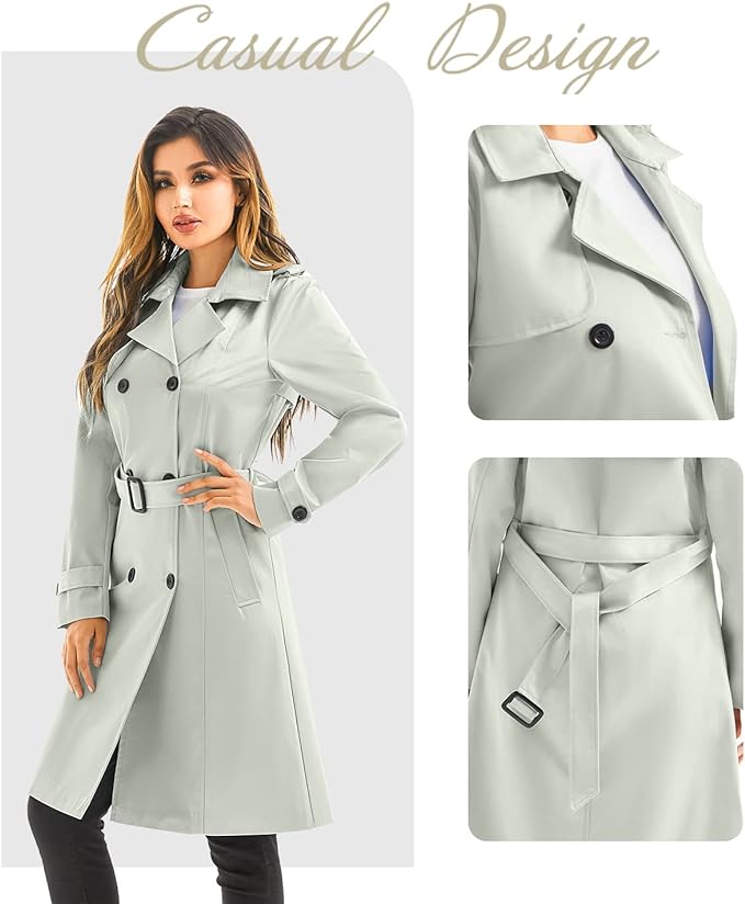 Women's Long Trenchcoat Double Breasted Trench Coat Water Resistant Classic Peacoat with Belt