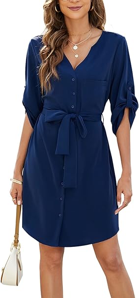 Womens Button Down Dress Summer V Neck 3/4 Sleeve Tie Waist Business Casual Work Mini Shirt Dresses