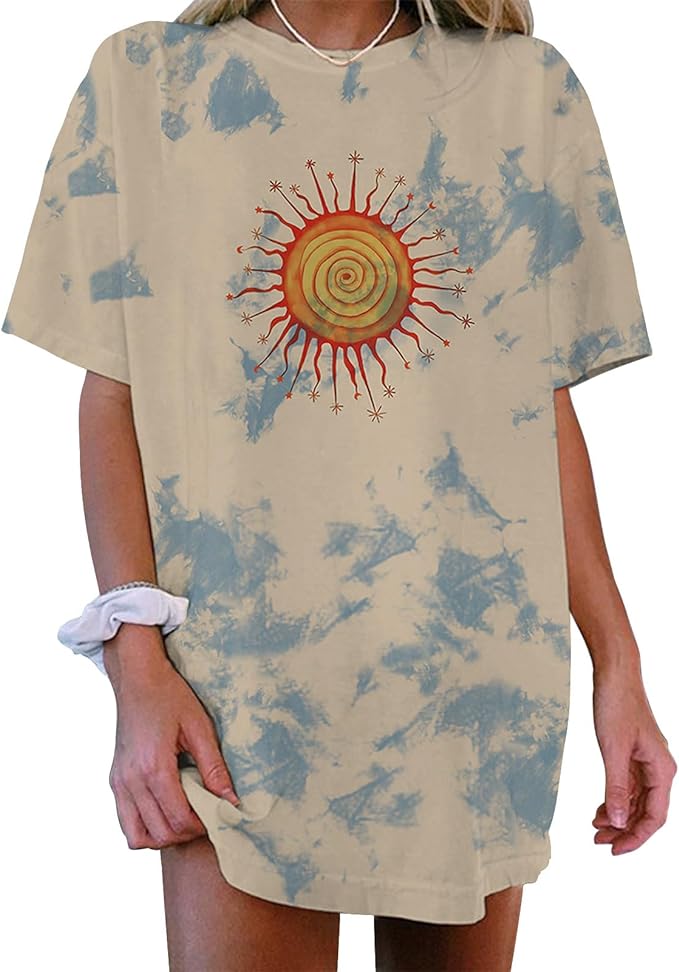 Women's Sun Graphic Print Tie Dye Shirts Oversized Tee Short Sleeve Casual Loose T Shirt