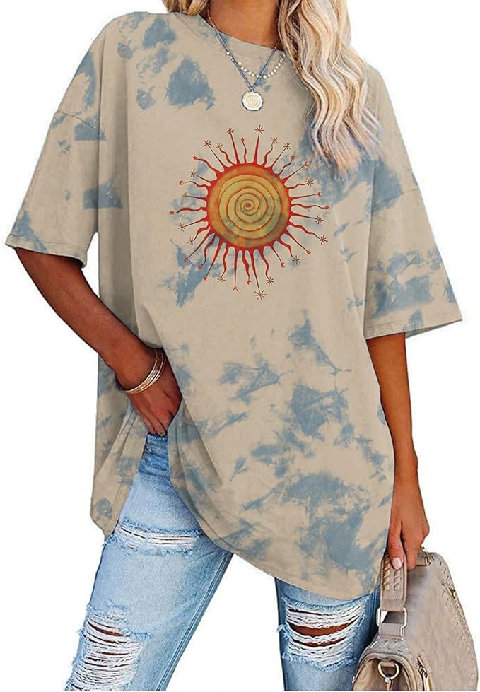 Women's Sun Graphic Print Tie Dye Shirts Oversized Tee Short Sleeve Casual Loose T Shirt