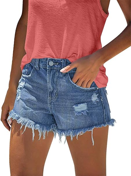 Frayed Denim Shorts for Women Mid Rise Jean Shorts Ripped Raw Hem Comfy