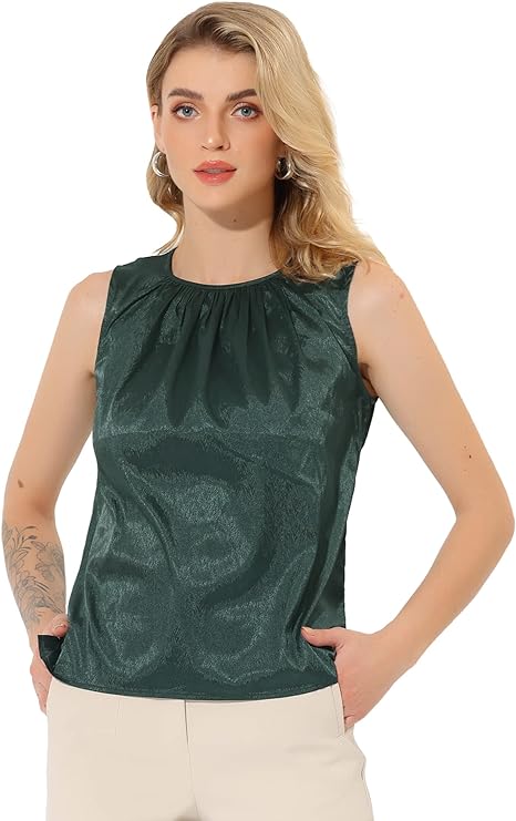 Women's Satin Sleeveless Work Office Pleated Tank Top Blouse