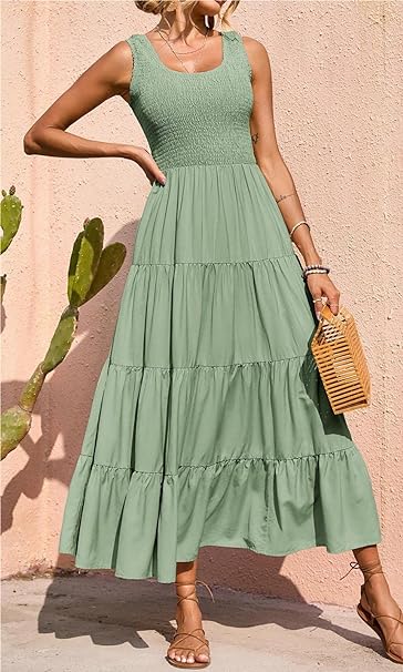 Women's Casual Loose Plain Maxi Sundress Smocked Tank Dress Sleeveless Summer Beach Tiered Long Dresses